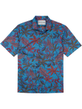 Blue shirt with red and brown leaf print in lightweight cotton lawn fabric, shown from the front (Images 1–2).