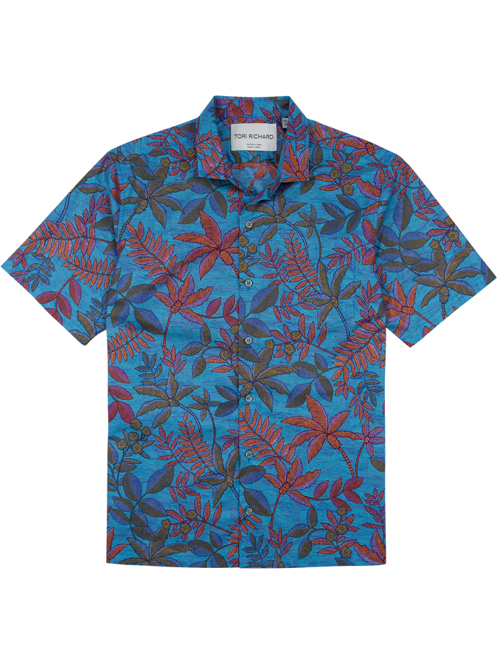Blue shirt with red and brown leaf print in lightweight cotton lawn fabric, shown from the front (Images 1–2).