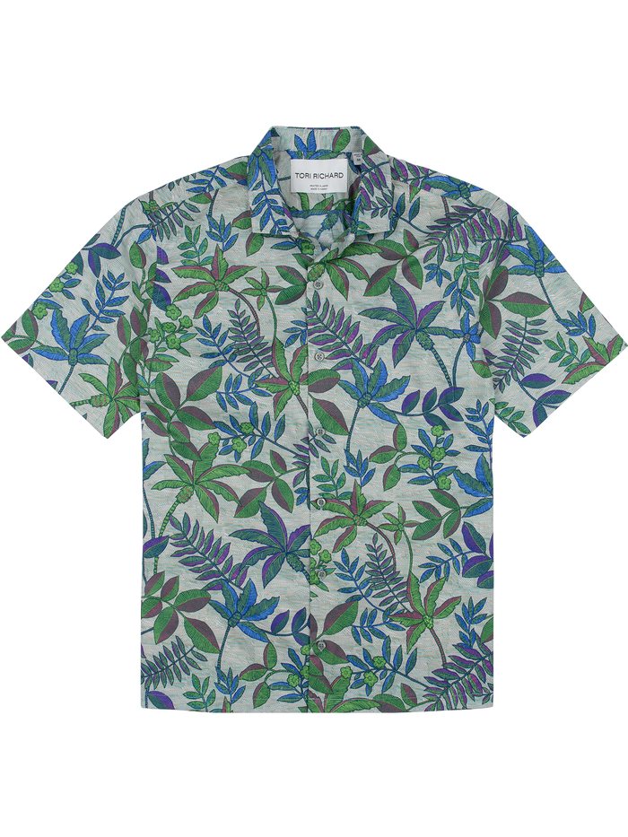 Light gray leafy tropical-print short-sleeve cotton Hawaiian shirt, front view.