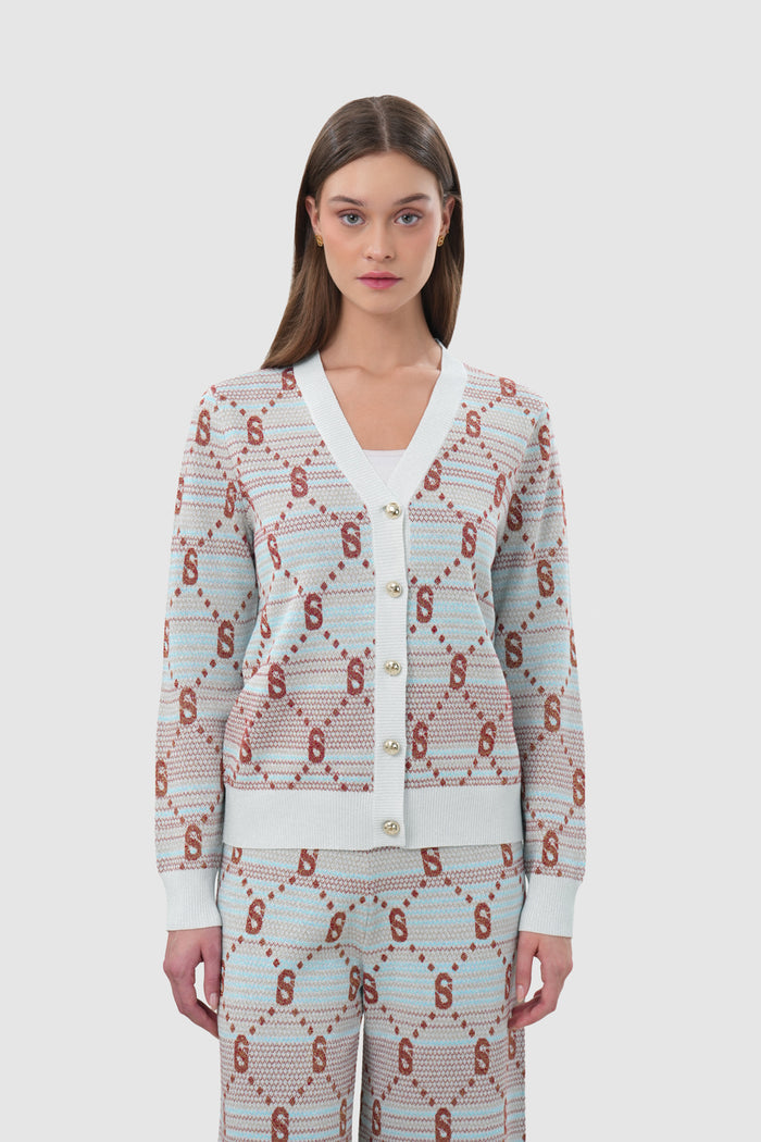 monogram beverly cardigan in multicolor by buttoscarves front view