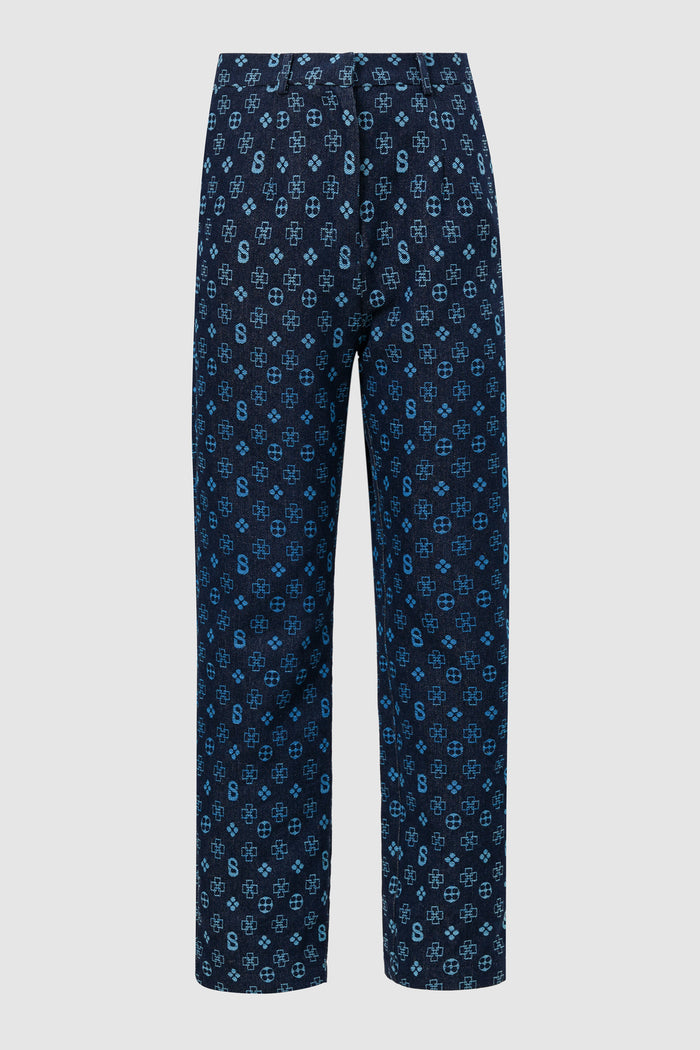 monogram denim pants in blue by buttonscarves