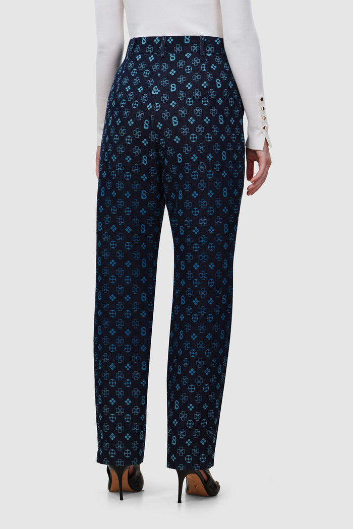 monogram denim pants in blue by buttonscarves back view