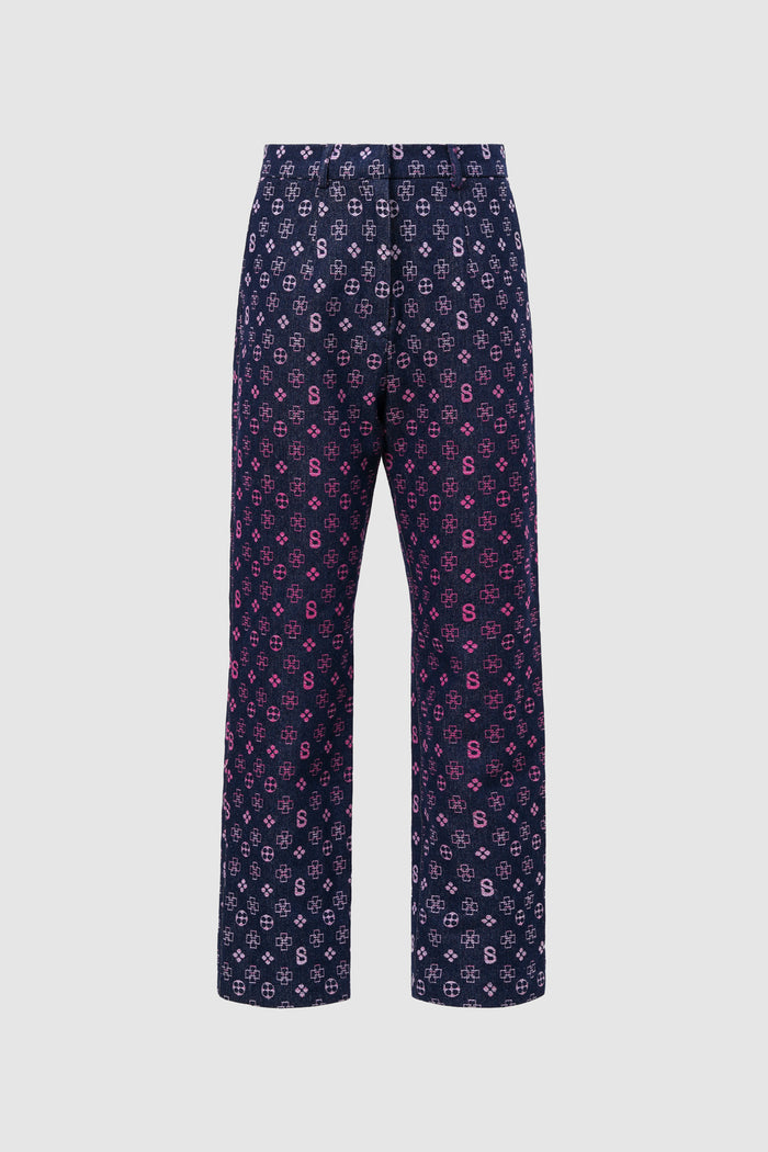 monogram denim pants in fuchsia by buttonscarves