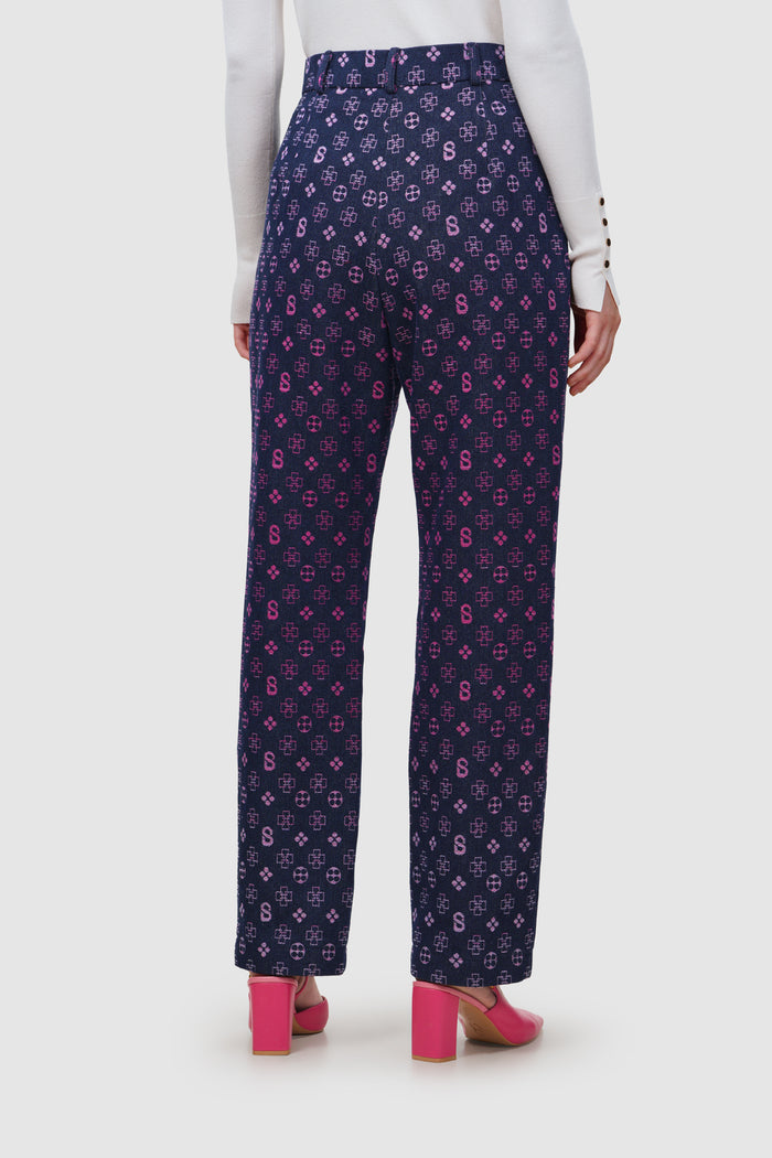 monogram denim pants in fuchsia by buttonscarves back view
