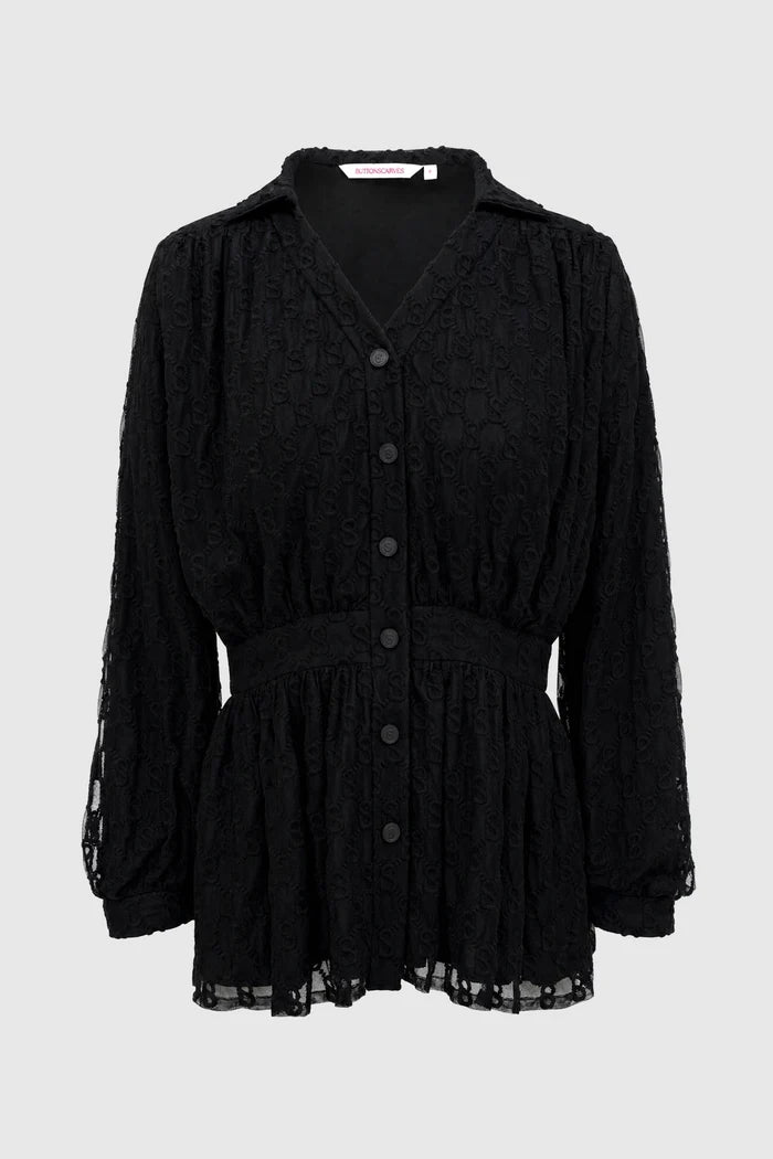 monogram lace puff shirt in black by buttonscarves