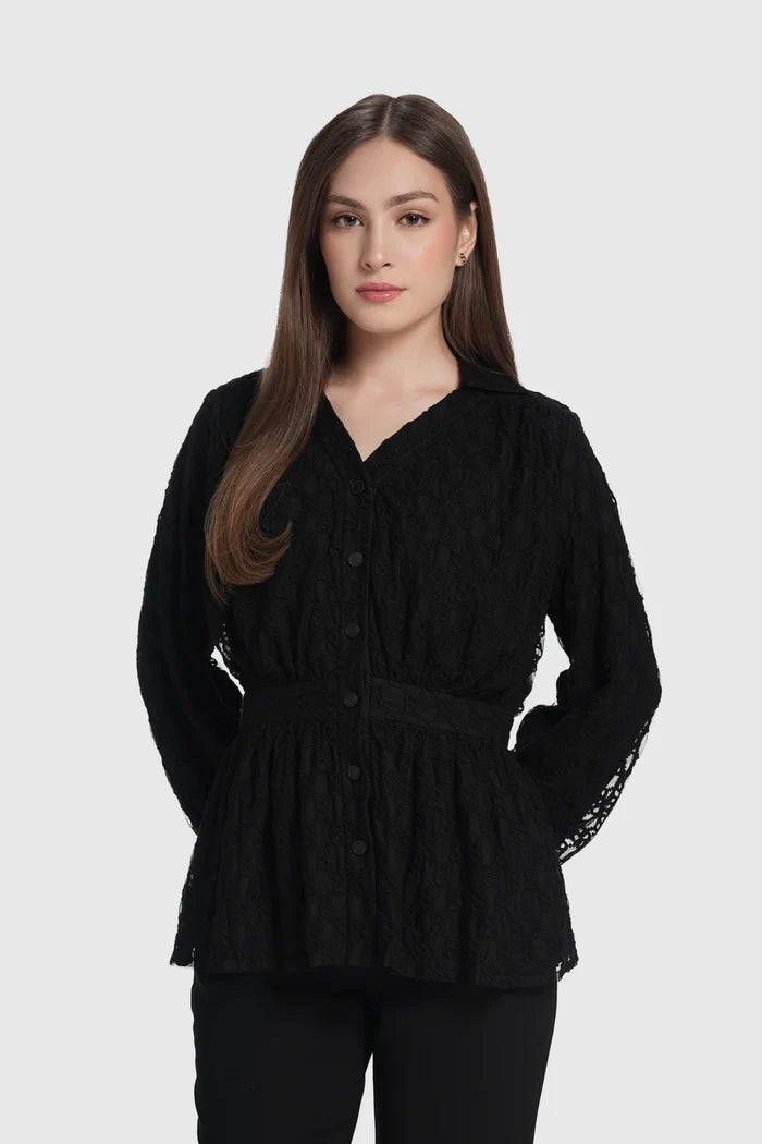 monogram lace puff shirt in black by buttonscarves front view