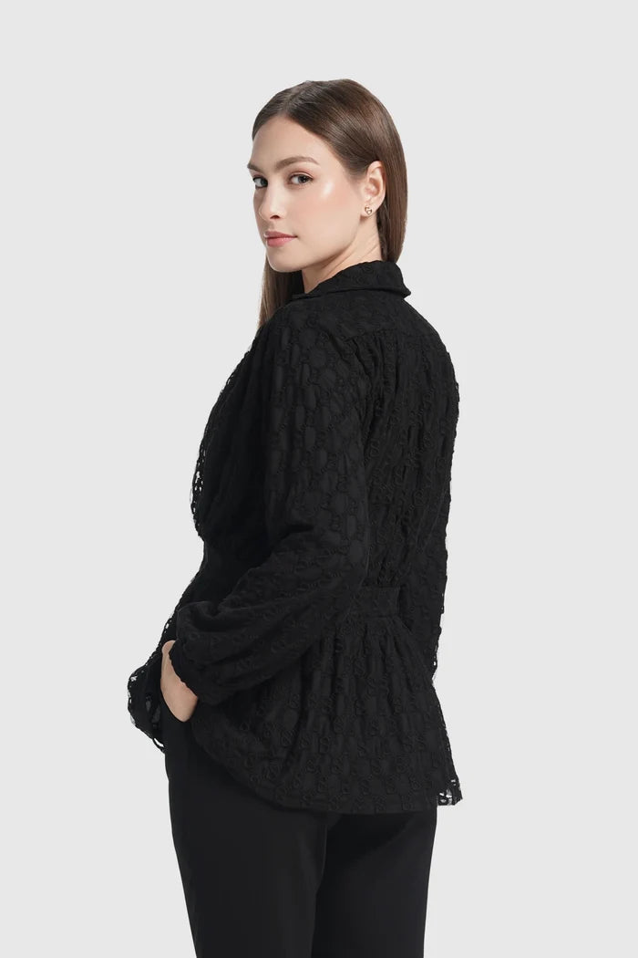 monogram lace puff shirt in black by buttonscarves back view