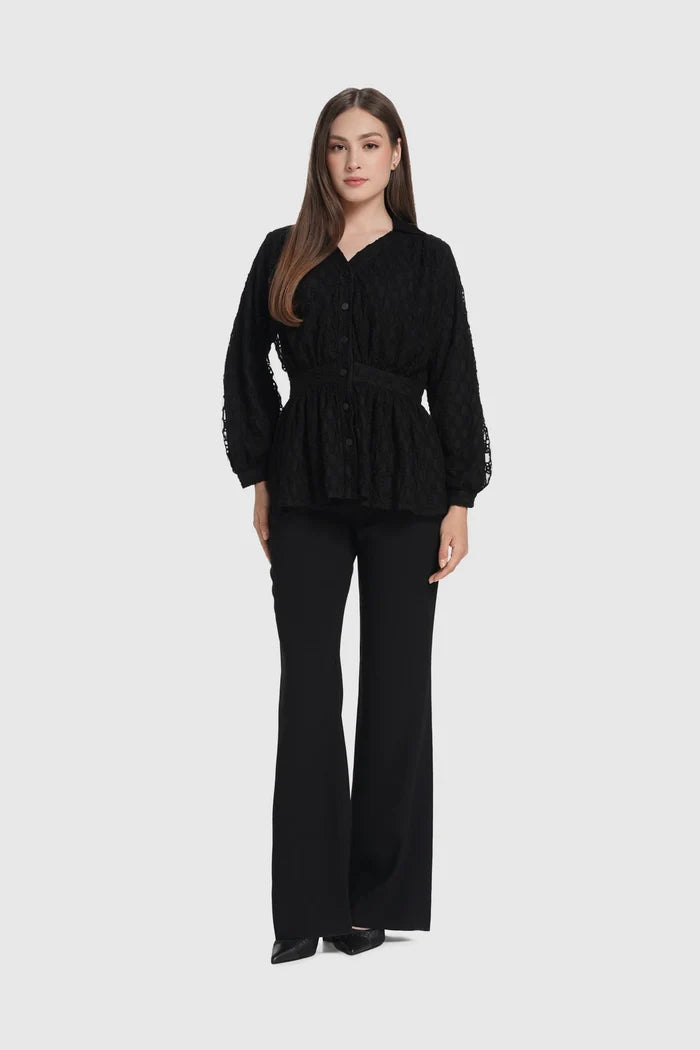 monogram lace puff shirt in black by buttonscarves