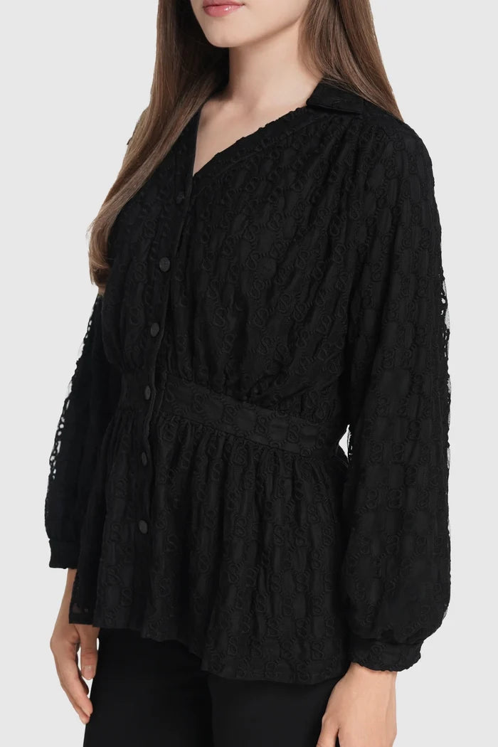 monogram lace puff shirt in black by buttonscarves detail