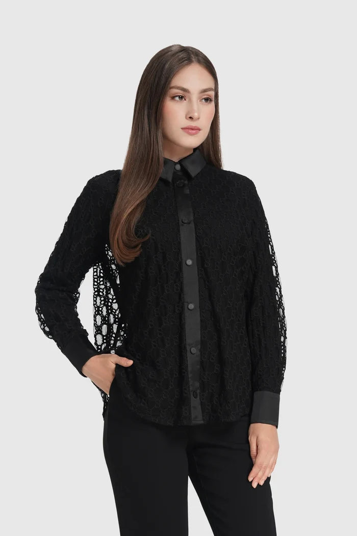 monogram lace shirt in black by buttonscarves front view