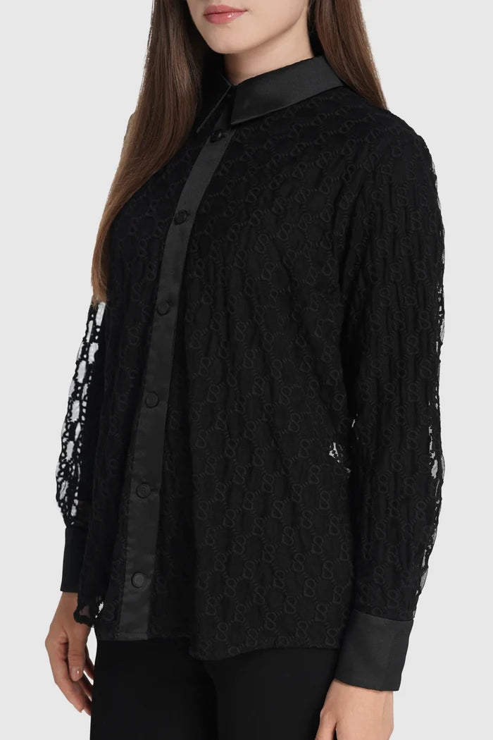 monogram lace shirt in black by buttonscarves detail