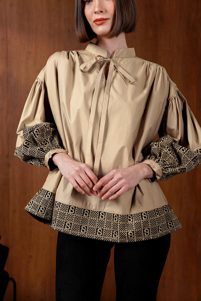 Monogram Plaid Blouse - Beige