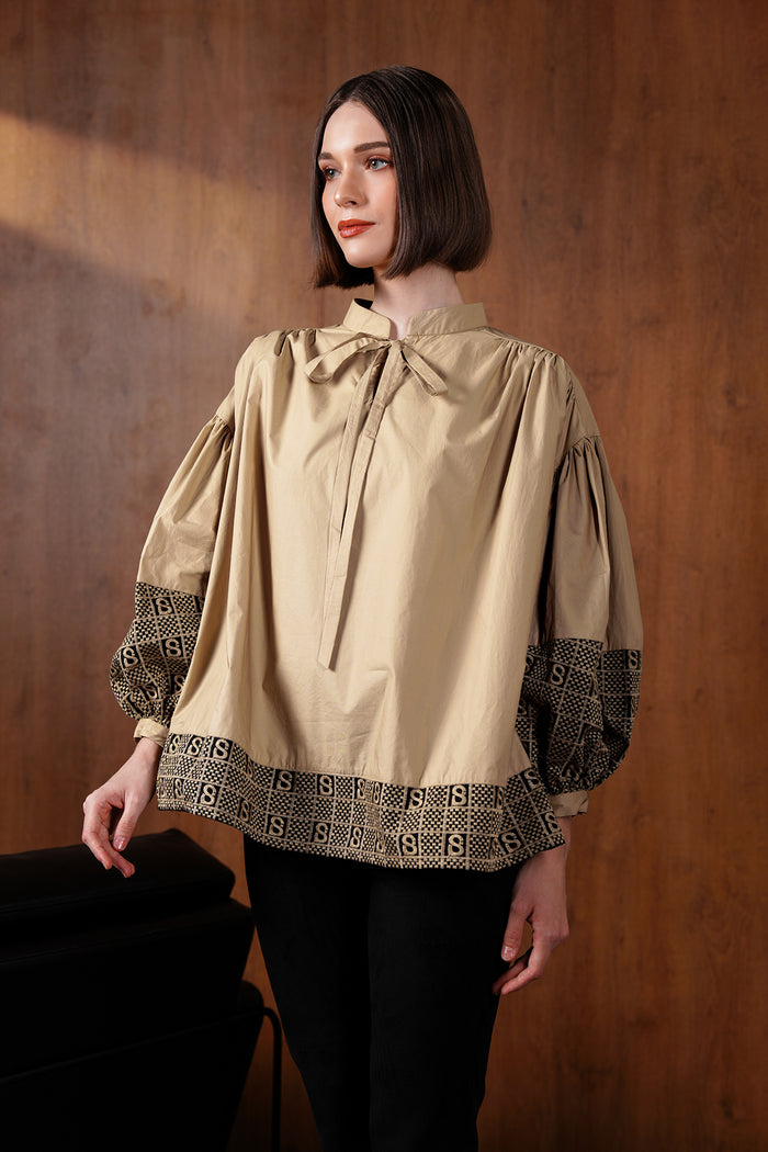 Monogram Plaid Blouse - Beige