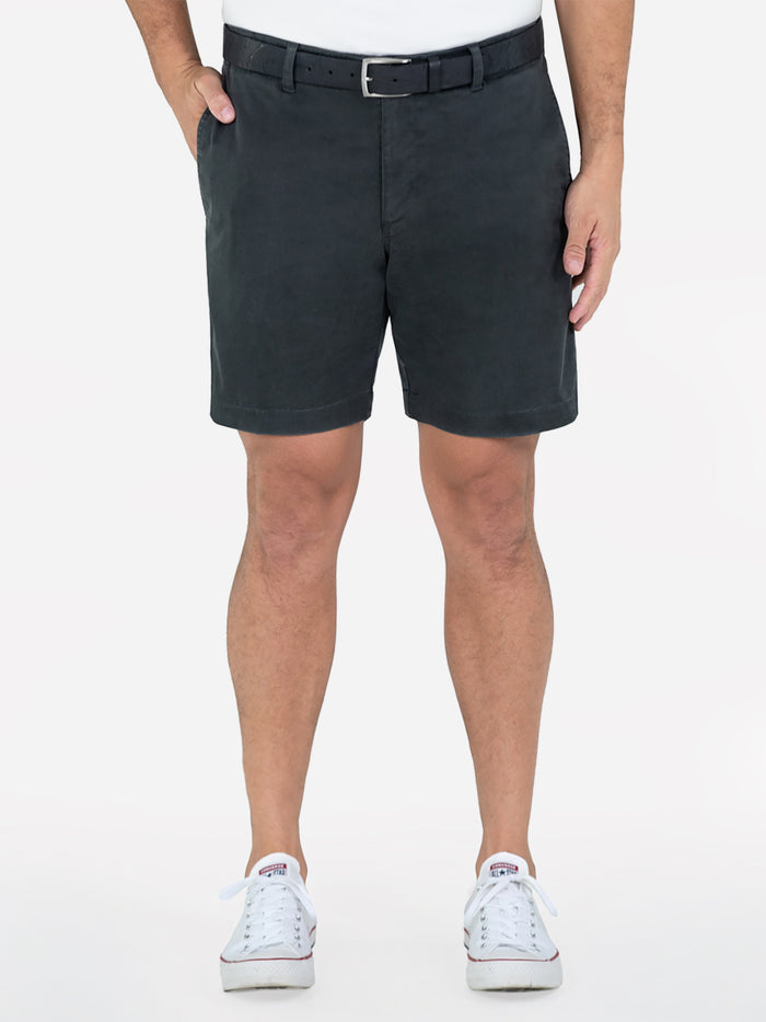 Charcoal cotton-Tencel shorts, front view with white tee, belt, and sneakers.