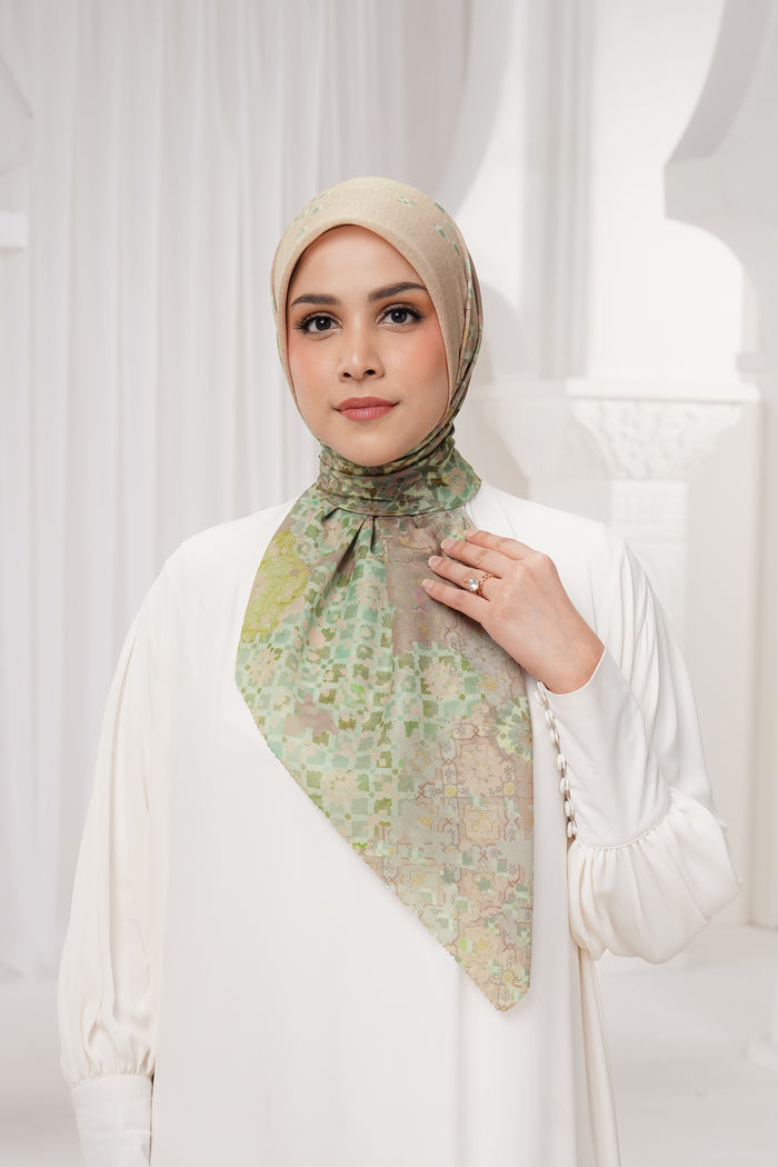 moroccan printed square scarf in apricot by buttonscarves front view