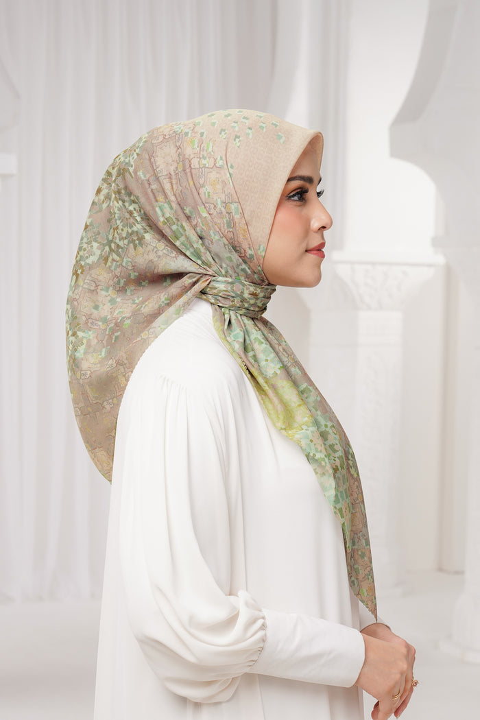 moroccan printed square scarf in apricot by buttonscarves side view
