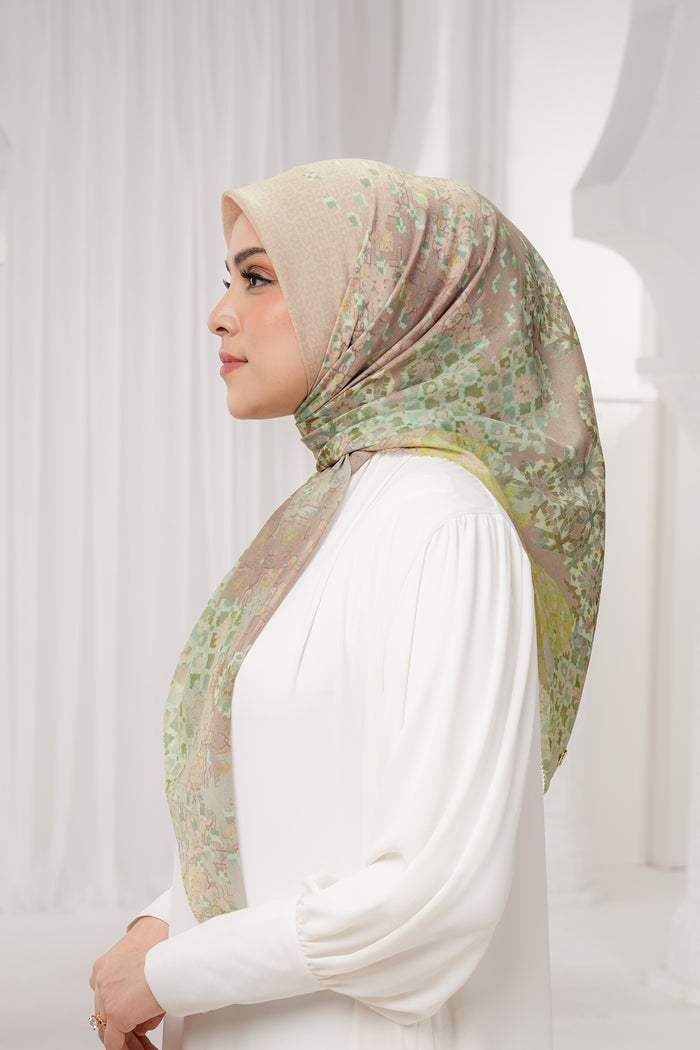moroccan printed square scarf in apricot by buttonscarves side view