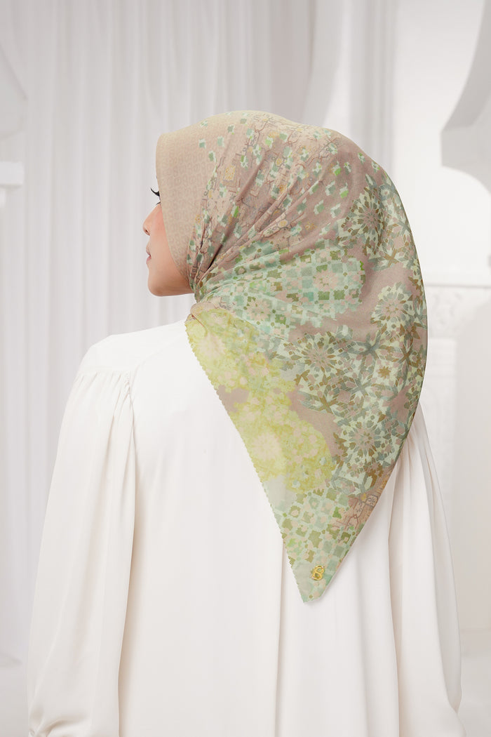 moroccan printed square scarf in apricot by buttonscarves back view