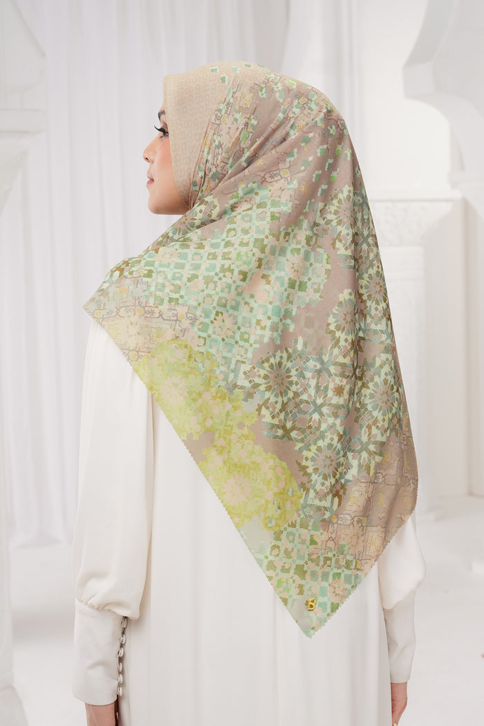 moroccan printed square scarf in apricot by buttonscarves back view