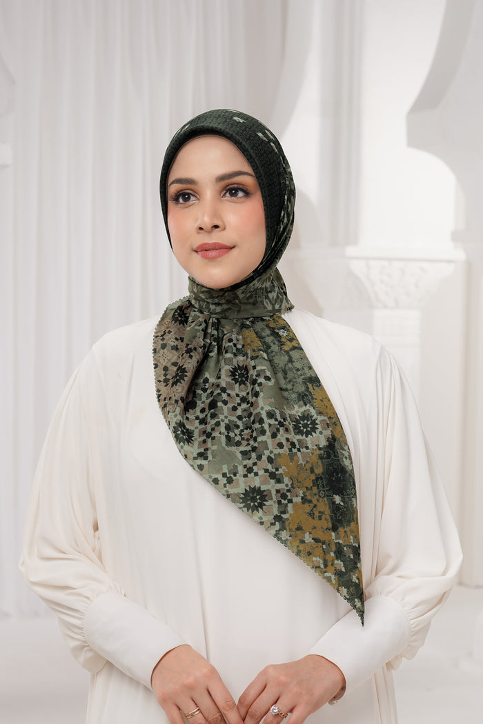 moroccan printed square scarf in charcoal by buttonscarves front view