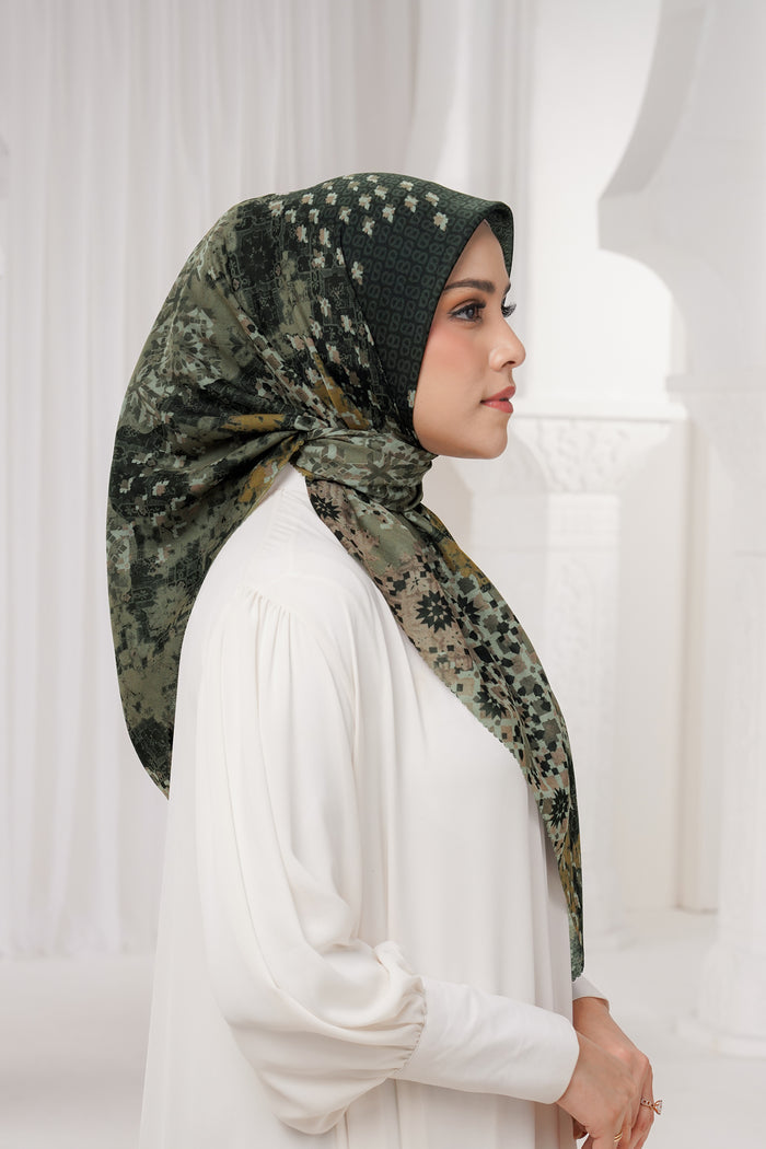 moroccan printed square scarf in charcoal by buttonscarves side view