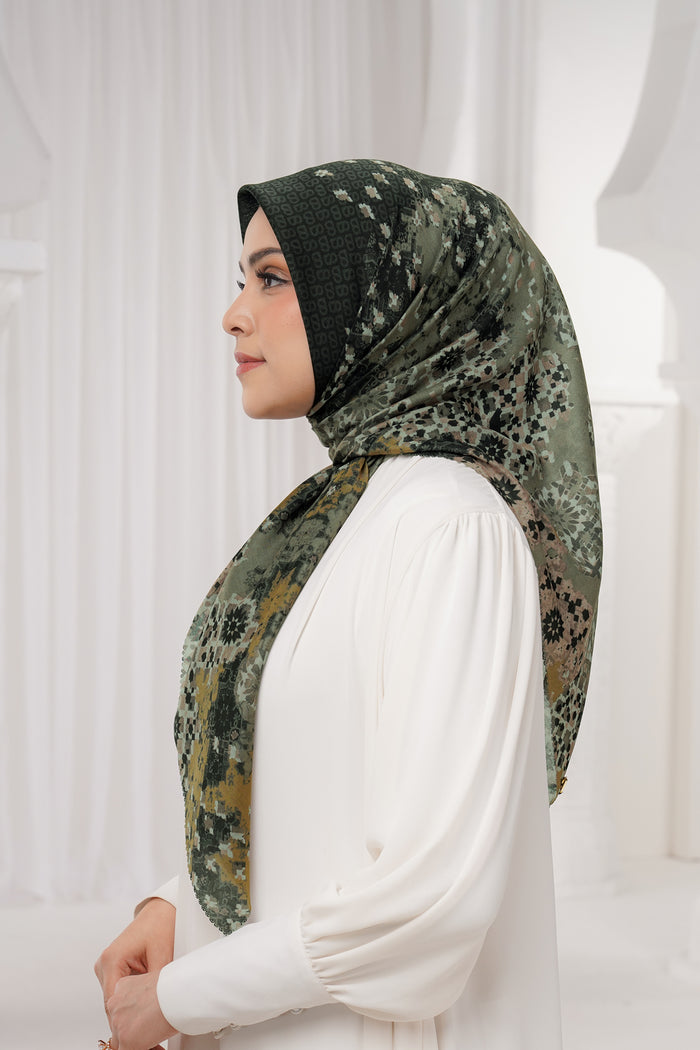 moroccan printed square scarf in charcoal by buttonscarves side view