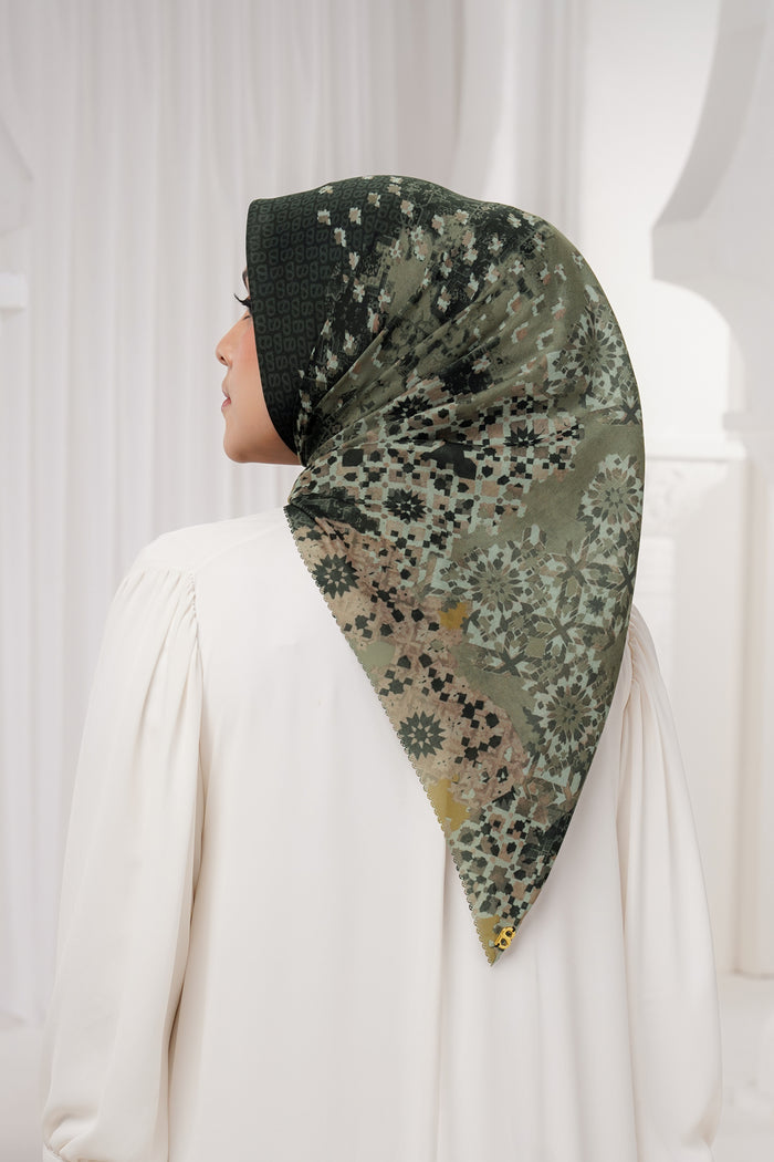 moroccan printed square scarf in charcoal by buttonscarves back view