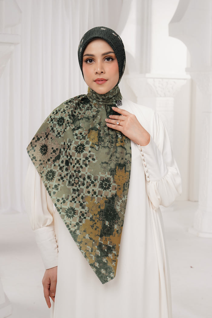 moroccan printed square scarf in charcoal by buttonscarves style look
