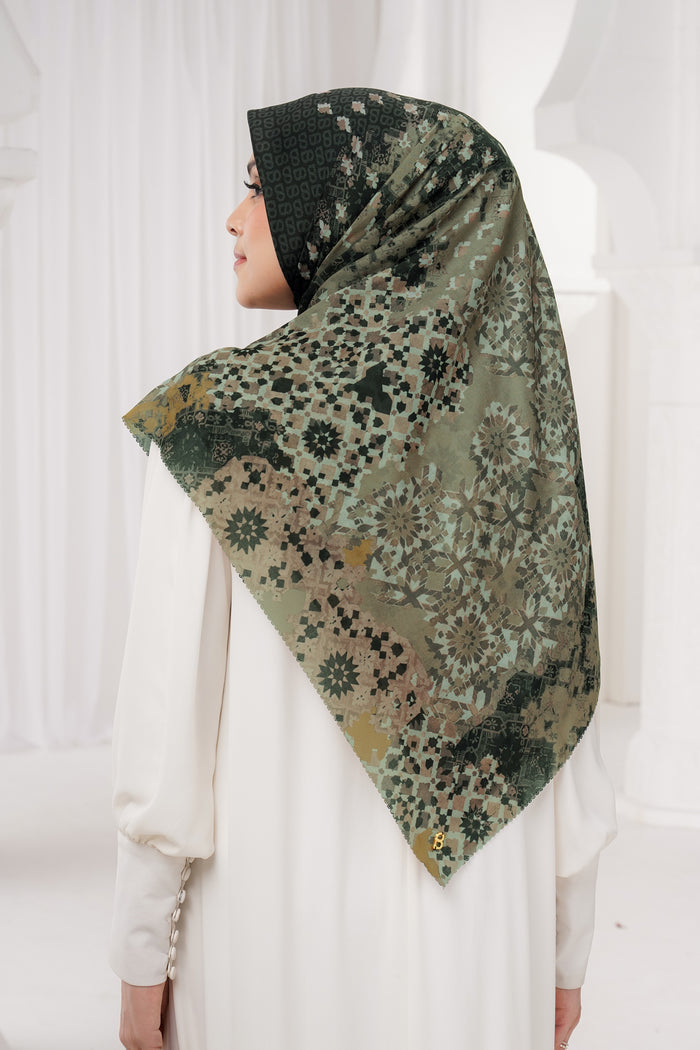 moroccan printed square scarf in charcoal by buttonscarves back view