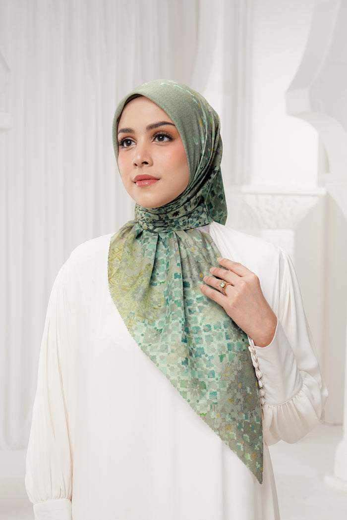 moroccan printed square scarf in dune by buttonscarves front view