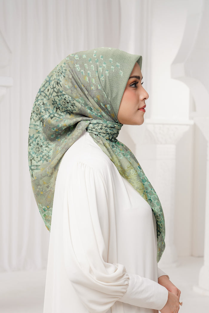 moroccan printed square scarf in dune by buttonscarves side view
