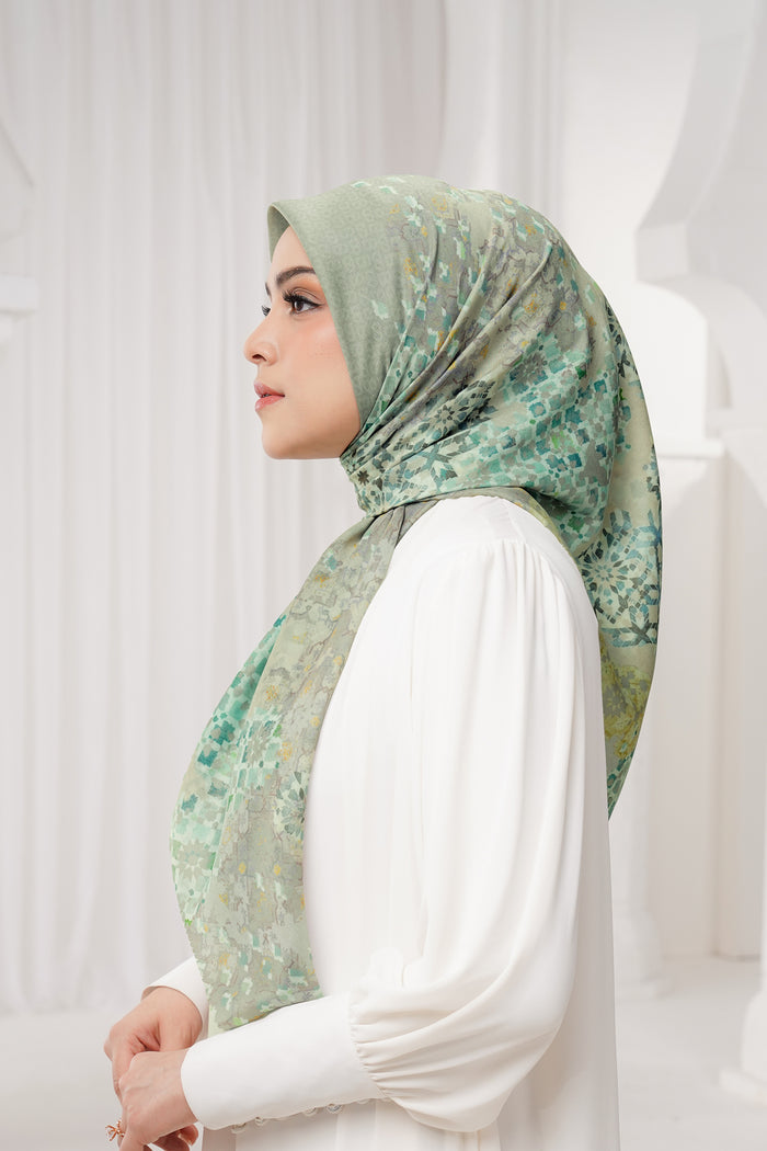 moroccan printed square scarf in dune by buttonscarves side view