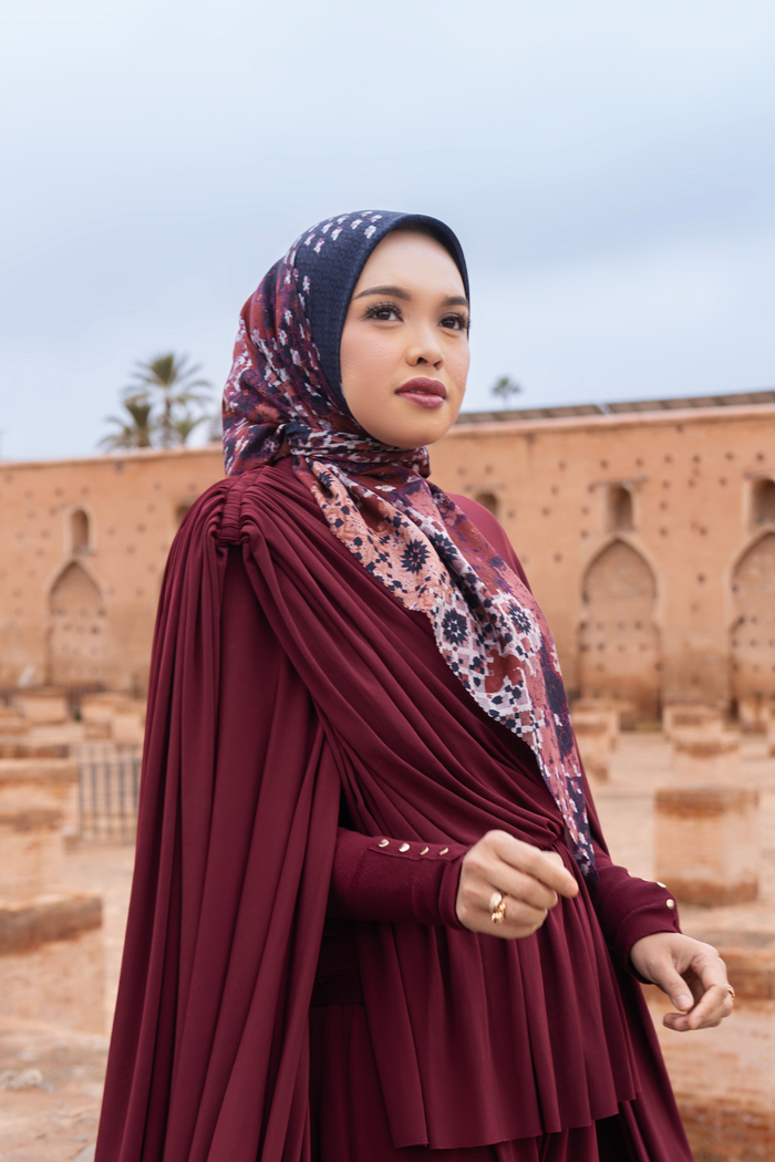 moroccan printed square scarf in dusk by buttonscarves style look