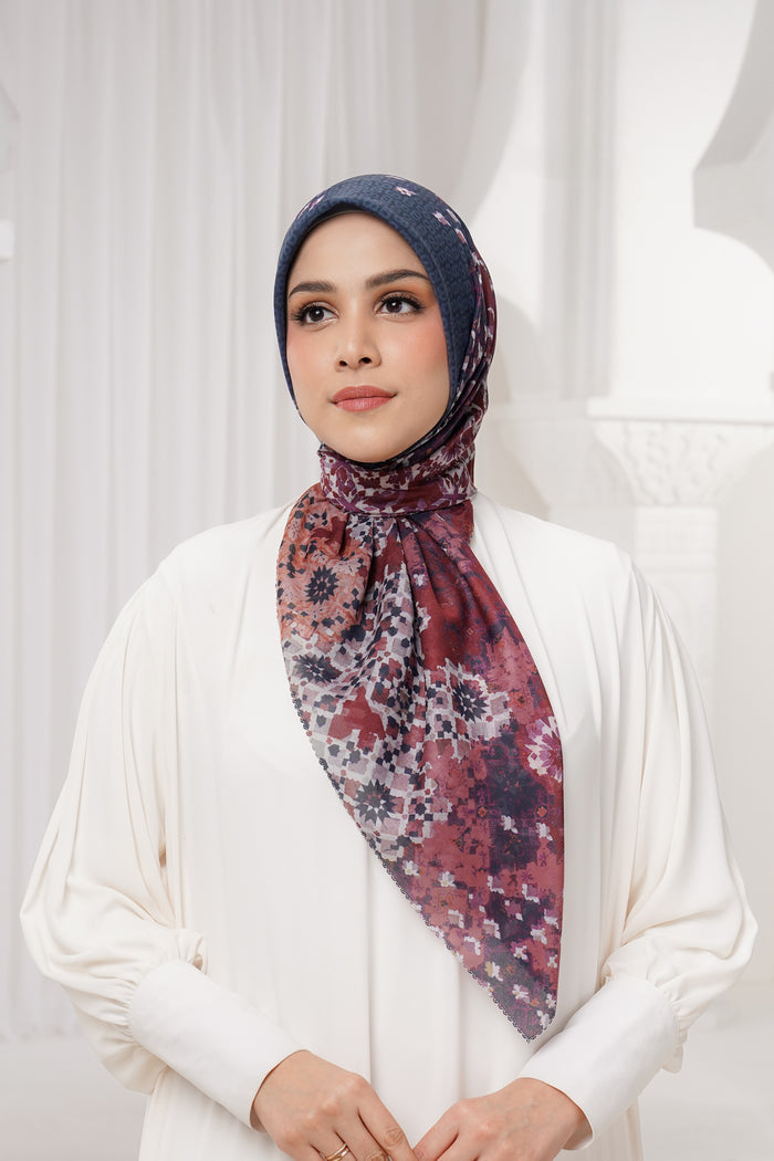 moroccan printed square scarf in dusk by buttonscarves front view