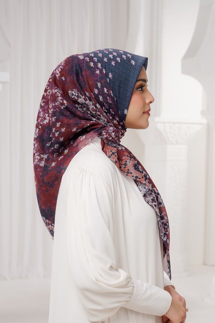 moroccan printed square scarf in dusk by buttonscarves side view