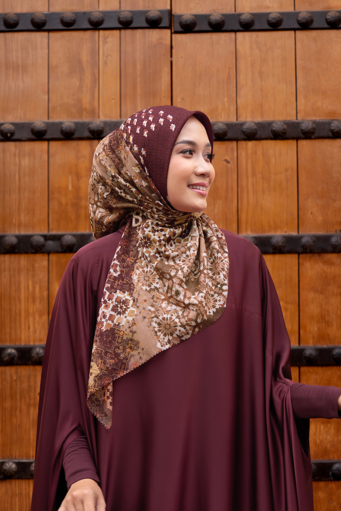 moroccan printed square scarf in garnet by buttonscarves style look