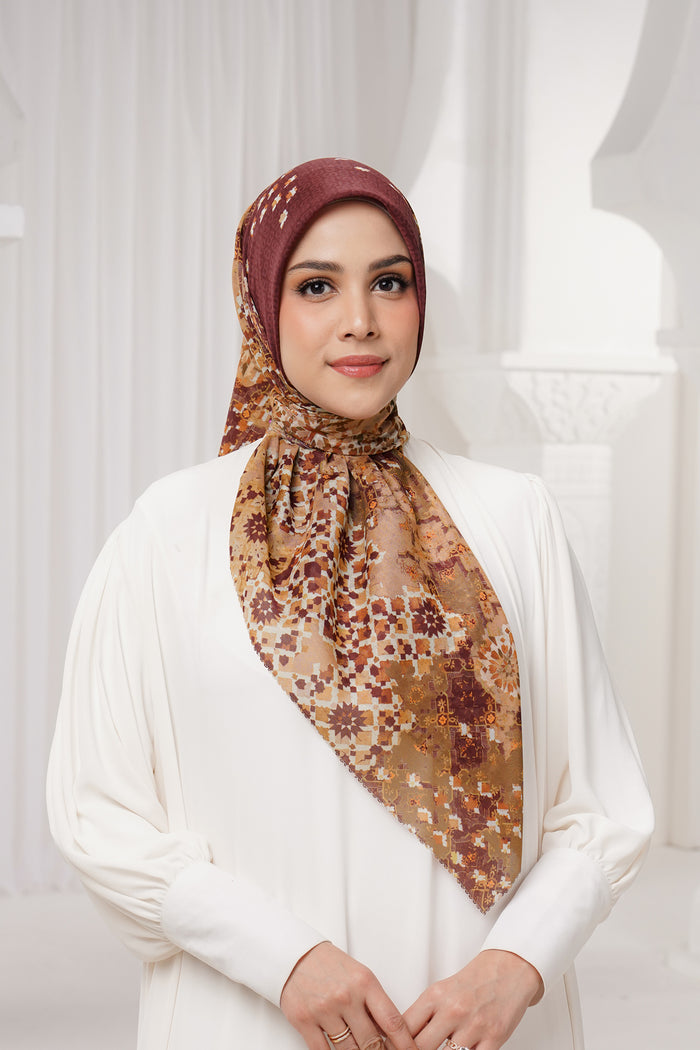 moroccan printed square scarf in garnet by buttonscarves front view