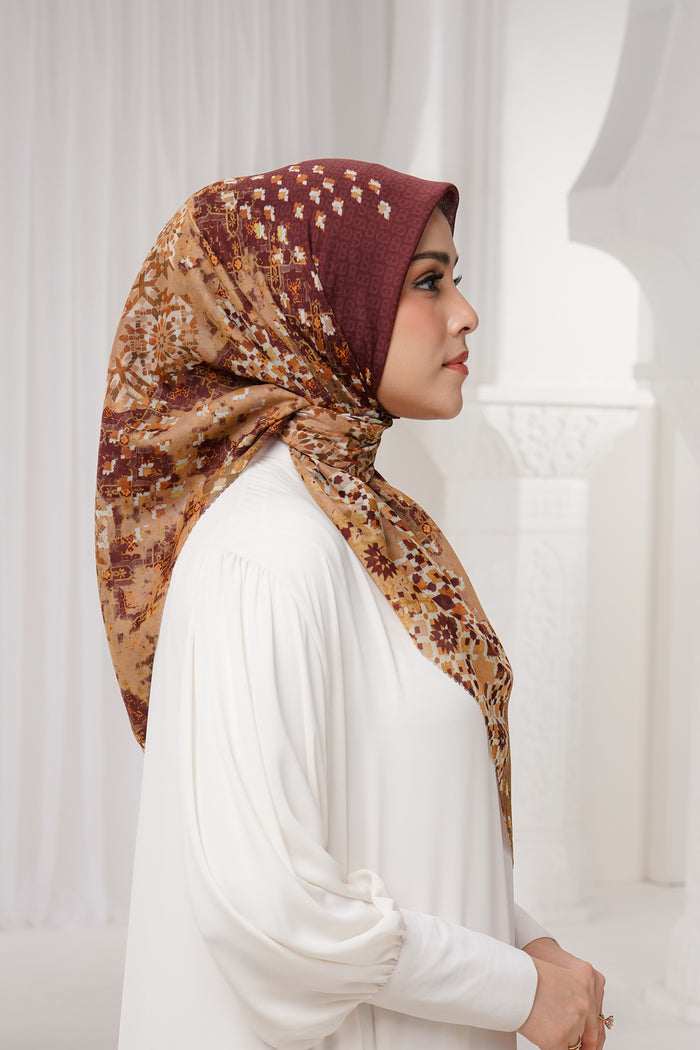 moroccan printed square scarf in garnet by buttonscarves side view