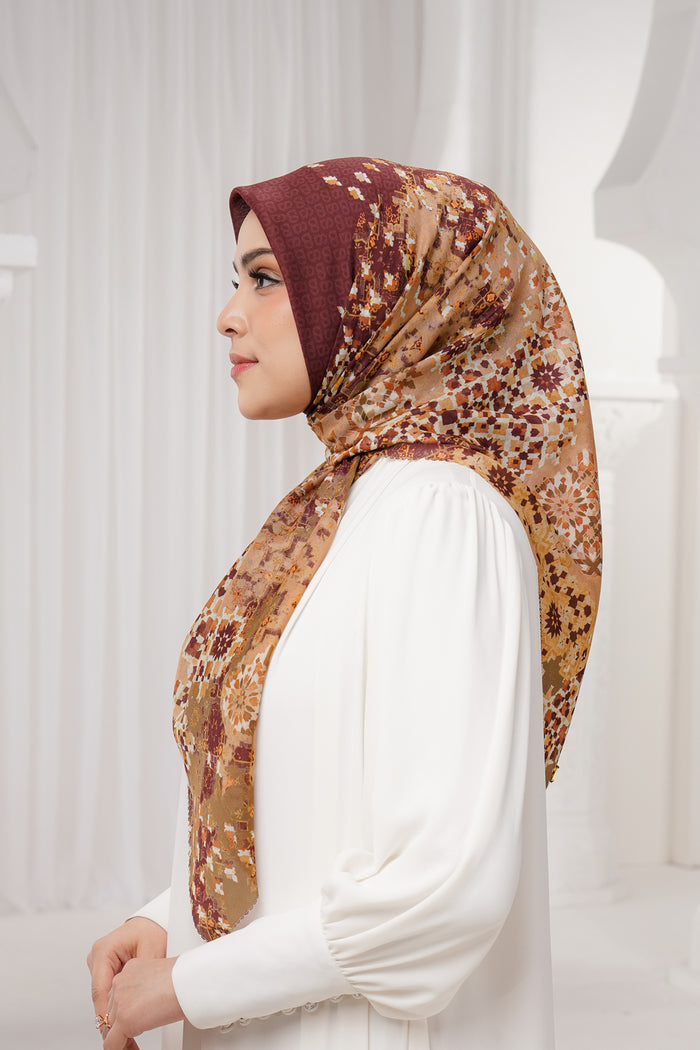 moroccan printed square scarf in garnet by buttonscarves side view