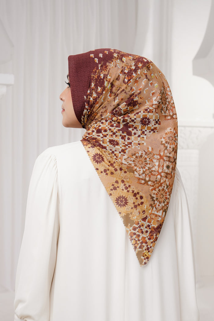 moroccan printed square scarf in garnet by buttonscarves back view