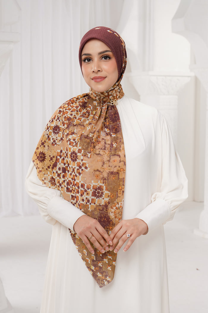 moroccan printed square scarf in garnet by buttonscarves style look