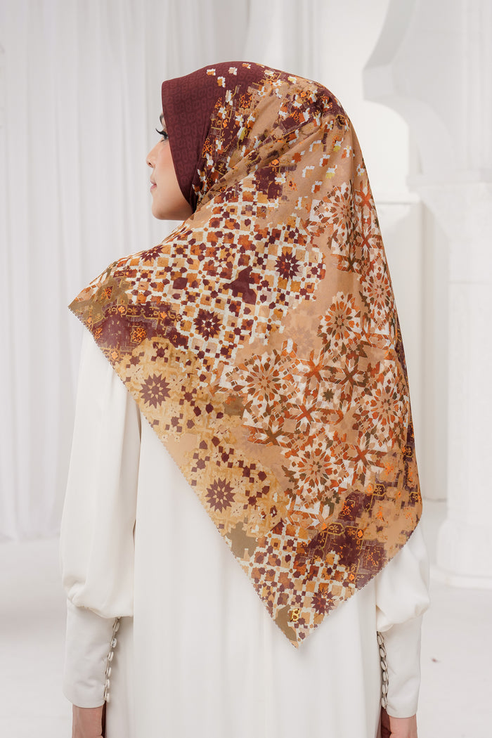 moroccan printed square scarf in garnet by buttonscarves back view