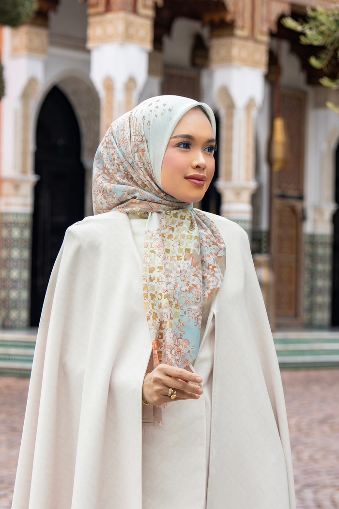 moroccan printed square scarf in ivory by buttonscarves style look