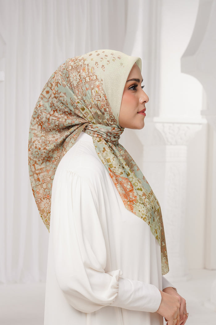 moroccan printed square scarf in ivory by buttonscarves side view