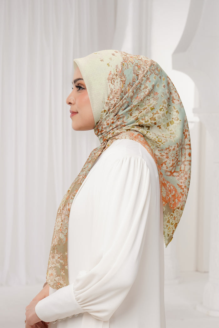 moroccan printed square scarf in ivory by buttonscarves side view