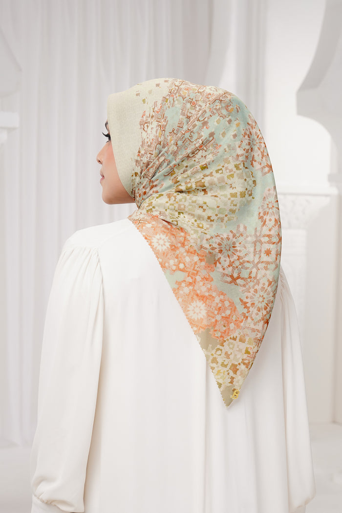 moroccan printed square scarf in ivory by buttonscarves back view