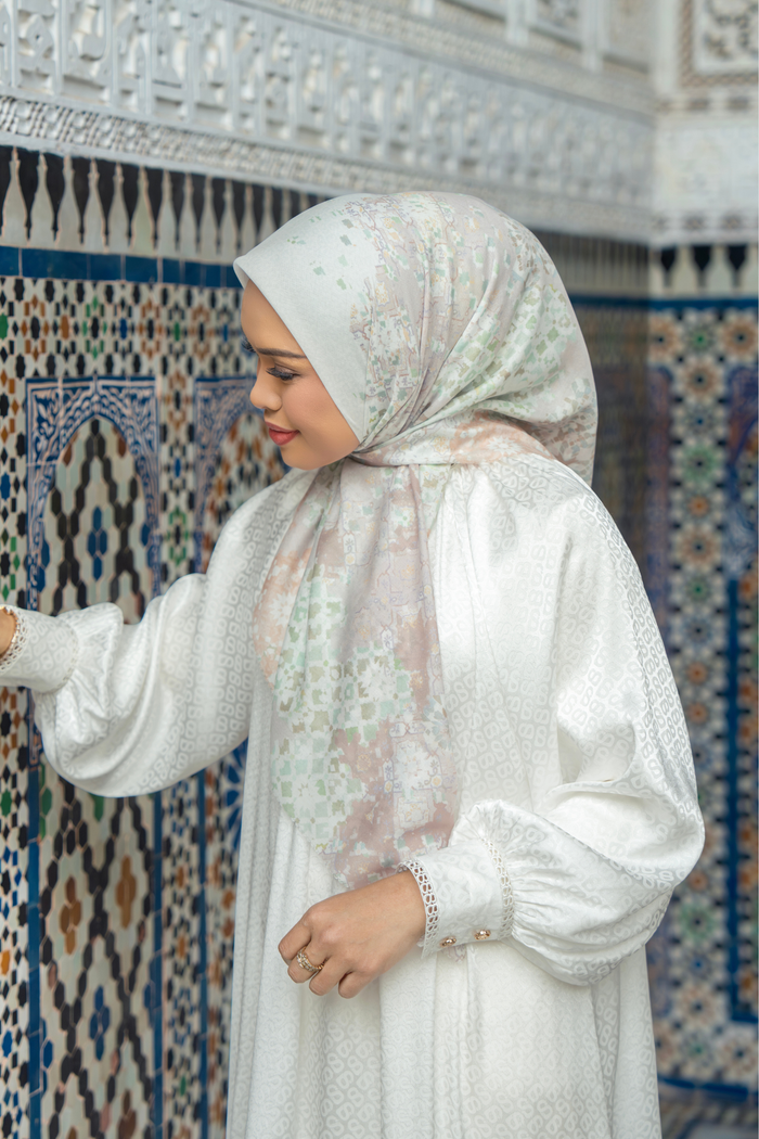 moroccan printed square scarf in jasmine by buttonscarves style look