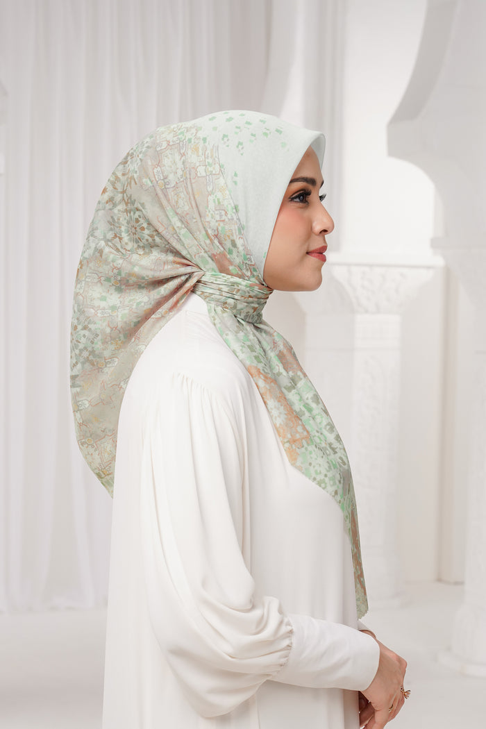 moroccan printed square scarf in jasmine by buttonscarves side view