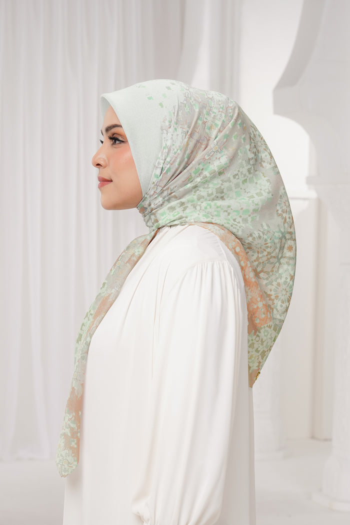 moroccan printed square scarf in jasmine by buttonscarves side view