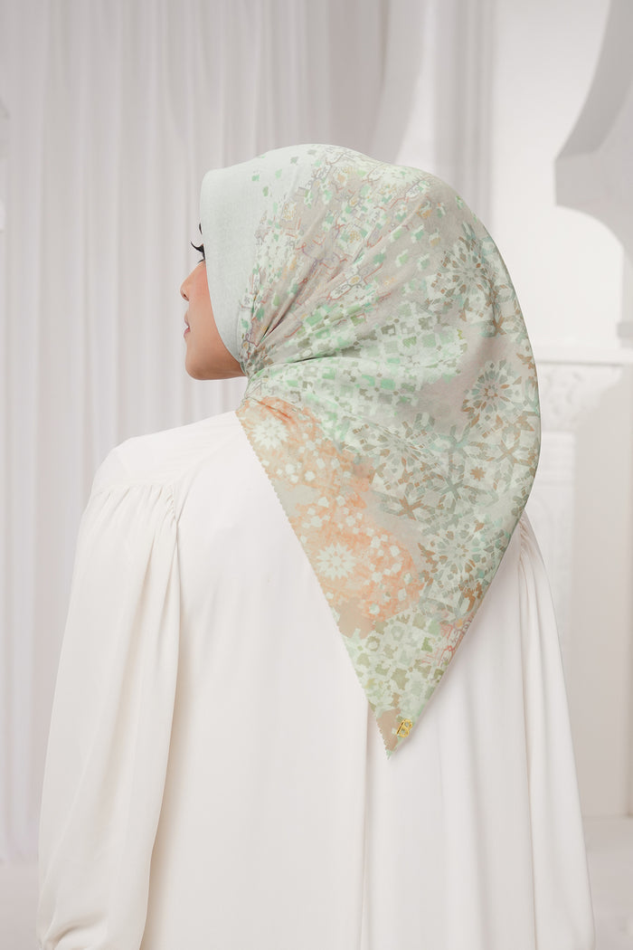 moroccan printed square scarf in jasmine by buttonscarves back view